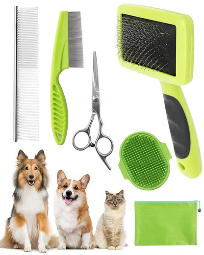KUEIOX Dog Brush for Shedding Grooming,6 Pack Long-Pin Brush Set for Long Haired Dog Cat Goldendoodles Poodles Doodles Green