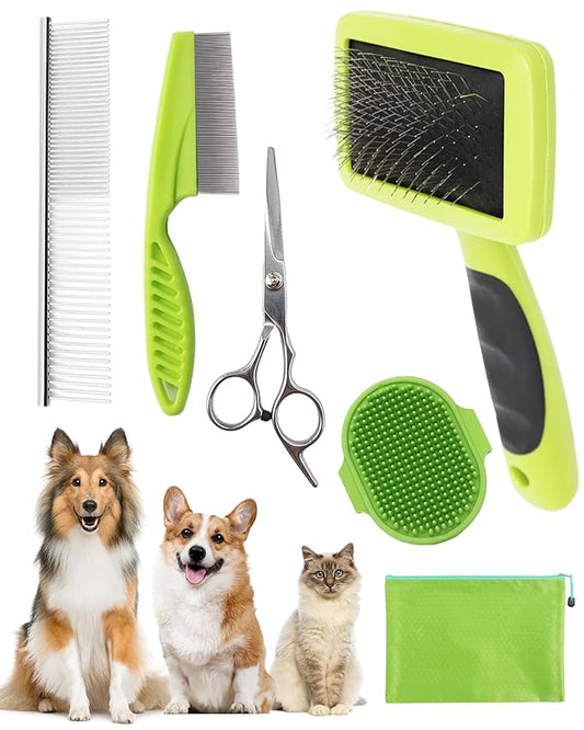 KUEIOX Dog Brush for Shedding Grooming,6 Pack Long-Pin Brush Set for Long Haired Dog Cat Goldendoodles Poodles Doodles Green