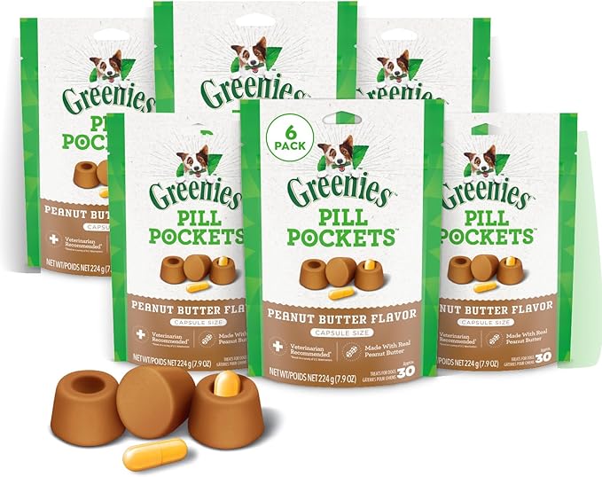 Greenies Pill Pockets for Dogs, Large Size Soft Dog Treats, Peanut Butter Flavor, (6) 7.9 oz. Pouches