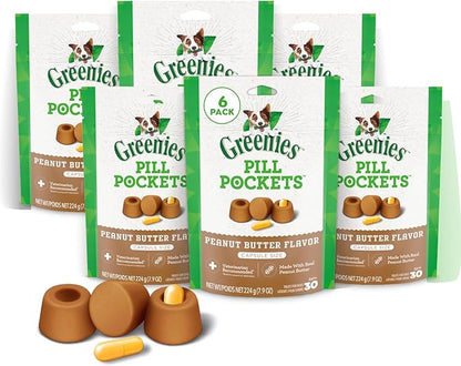 Greenies Pill Pockets for Dogs, Large Size Soft Dog Treats, Peanut Butter Flavor, (6) 7.9 oz. Pouches