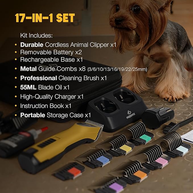 Professional Dog Clippers for Grooming with Charging Replacement, Low Noise Pet Grooming Kit for Thick Curly Matted Heavy Coats Cordless Hair Trimmer with 8 Metal Guide Combs for Animal Horse