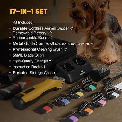Professional Dog Clippers for Grooming with Charging Replacement, Low Noise Pet Grooming Kit for Thick Curly Matted Heavy Coats Cordless Hair Trimmer with 8 Metal Guide Combs for Animal Horse