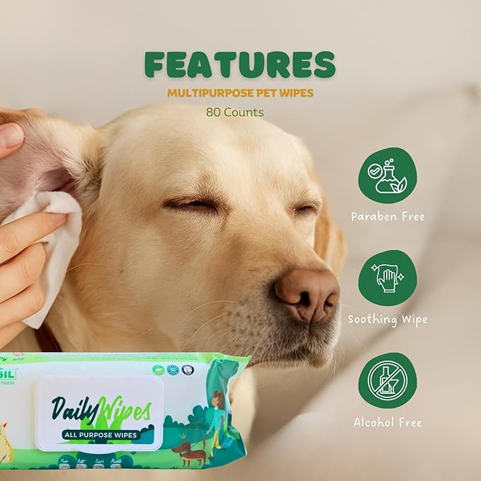 BASIL Pet Grooming Multi-Purpose Wipes for Dogs, Cats & Puppies – 80 Large Wipes (8″ × 8″) | Aloe Vera, Vitamin E & Castor Oil | Paw, Ear, Mouth & Butt Cleaning Wipes | Lemon Scent, Paraben-Free