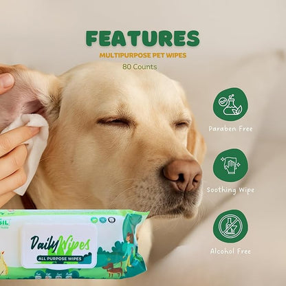BASIL Pet Grooming Multi-Purpose Wipes for Dogs, Cats & Puppies – 80 Large Wipes (8″ × 8″) | Aloe Vera, Vitamin E & Castor Oil | Paw, Ear, Mouth & Butt Cleaning Wipes | Lemon Scent, Paraben-Free