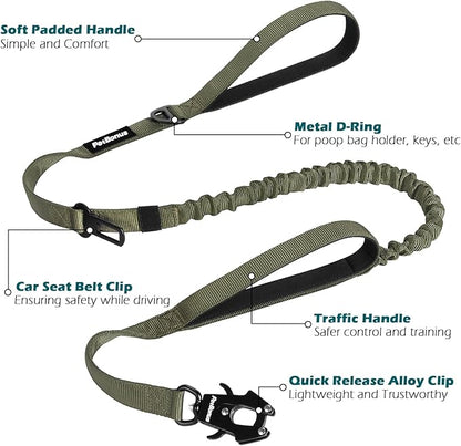 PetBonus Heavy Duty Tactical Dog Leash, 5 FT Bungee Shock Absorption Leash with 2 Padded Handles, Quick Release Metal Clip, Car Seatbelt, No Pull Training Lead for Large Medium Dogs（Army Green）