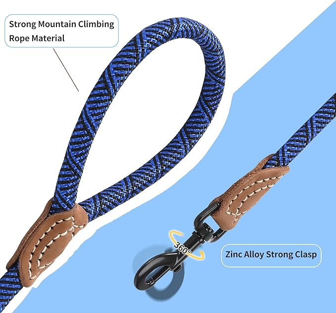 Mile High Life Rope Leash with Genuine Leather Connection, 6 FT/5 FT/4 FT, Heavy Duty Leash for Medium & Large Dogs (Blue, 60 Inch)