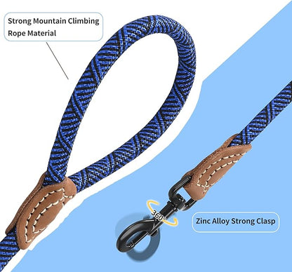 Mile High Life Rope Leash with Genuine Leather Connection, 6 FT/5 FT/4 FT, Heavy Duty Leash for Medium & Large Dogs (Blue, 60 Inch)