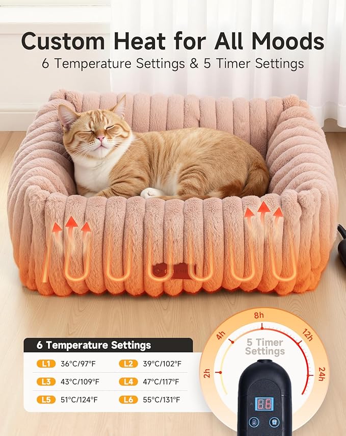 PETEMPO Heated Cat Bed Indoor, Pet Bed with 6 Temperature & 5 Timer Settings, Fluffy Cat Couch with Removable Machine-Washable Cover for Dogs Kitten Puppy in Winter, UL & FCC Certified, Small, Brown