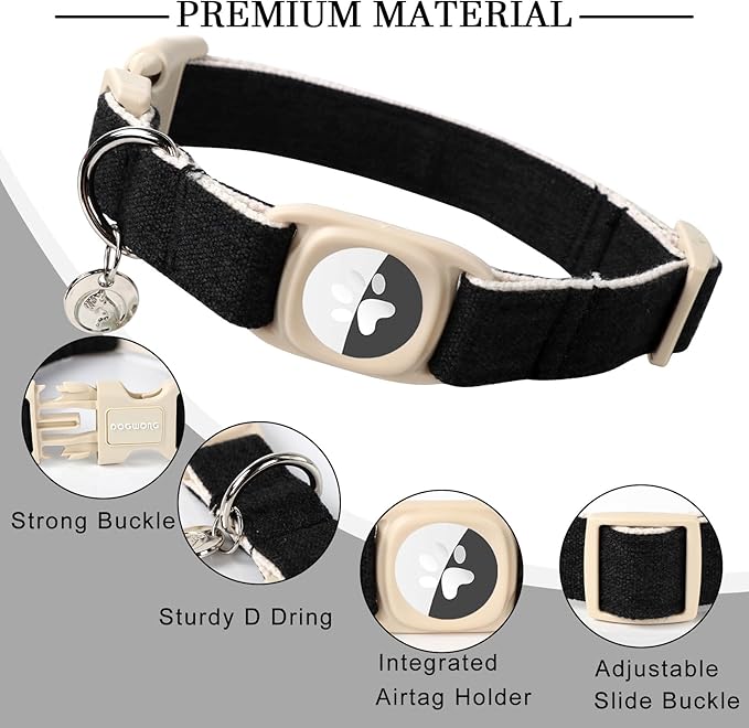 DOGWONG Airtag Cotton Hemp Dog Collar, Heavy-Duty Dog Collar with Airtag Holder Black Natural Fabric Pet Cute Puppy Necklace for Small Medium Large Dogs
