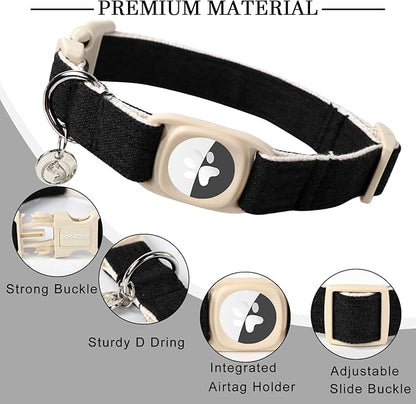 DOGWONG Airtag Cotton Hemp Dog Collar, Heavy-Duty Dog Collar with Airtag Holder Black Natural Fabric Pet Cute Puppy Necklace for Small Medium Large Dogs