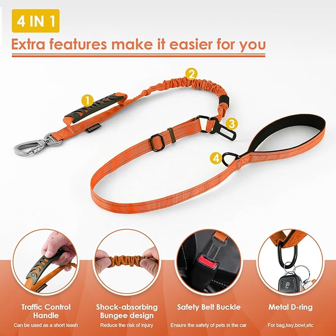 AUBELL Tactical Dog Leash Heavy Duty,4-6ft Reflective Strong No Pull Bungee Leash for Small Dogs with Comfortable Padded Double Handle,Car Seat Belt,360 Degree Rotating Carabiner,Orange