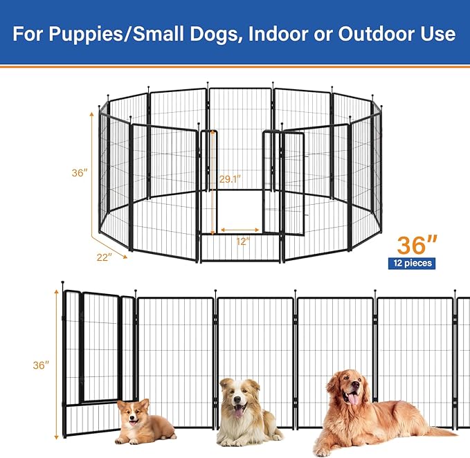 PETREEK Dog Playpen 36 inch 12 Panels for Indoor & Outdoor Use – Heavy-Duty Metal Pet Fence with Ground Stakes, Rounded Ball Tops for Safety, Stable & Foldable Design, Easy to Assemble