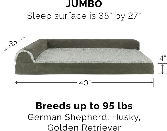 Furhaven Memory Foam Dog Bed for Large Dogs w/ Removable Bolsters & Washable Cover, For Dogs Up to 95 lbs - Two-Tone Plush Faux Fur & Suede L Shaped Chaise - Dark Sage, Jumbo/XL