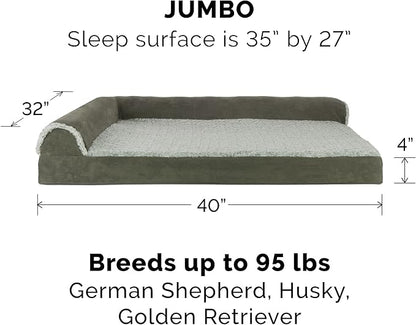 Furhaven Memory Foam Dog Bed for Large Dogs w/ Removable Bolsters & Washable Cover, For Dogs Up to 95 lbs - Two-Tone Plush Faux Fur & Suede L Shaped Chaise - Dark Sage, Jumbo/XL