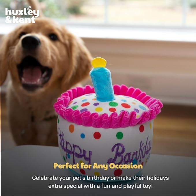 Huxley & Kent Funny Dog Toy w/Squeaker – Power Plush Squeaky Dog Toys for Small, Medium & Large Dogs – Soft Stuffed Animal for Indoor Play & Fetch - Happy Barkday Cake, Large