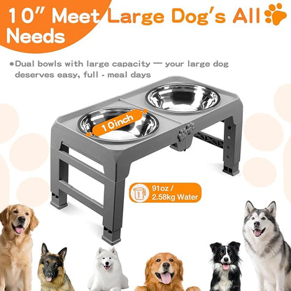 Elevated Dog Bowls for Large Dogs 5 Adjustable Heights 7.5"-15.4", 2 X-Large 10” Stainless Steel Bowls, Heavy Duty Raised Dog Bowl Stand Foldable Pet Feeder for Dogs Shoulder Height Over 15”, Grey