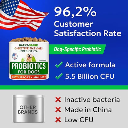 BARK&SPARK Probiotics for Dogs Digestive Health w/Enzymes - Diarrhea Gas Treatment Upset Stomach Relief - Allergy & Itchy Skin - Pet Dogs Probiotics - Digestion Supplement Treat (120Ct Chicken)