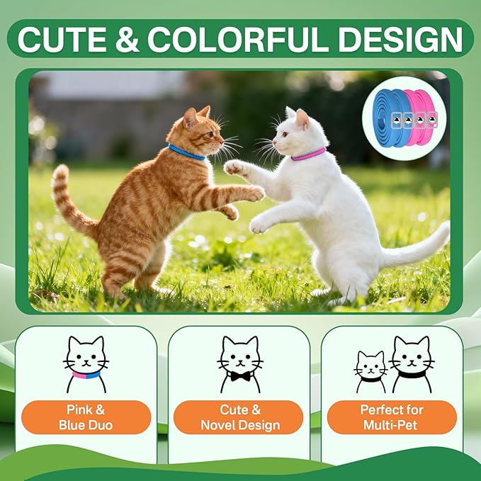 Puyrzoe Flea Collar for Cats 4 Pack, Natural Cat Flea and Tick Prevention Collar, 32-Month Full Protection, Adjustable Cat Flea and Tick for Kittens and Cats, Waterproof, 2 Pink & 2 Blue