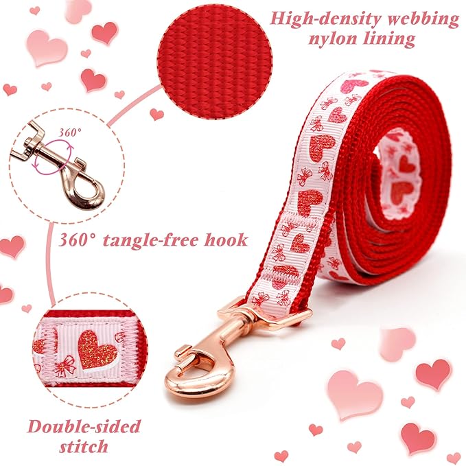 azuza Valentine's Day Dog Collar and Leash Set, Adjustable Pink Dog Collar with Sparkly Red Hearts Matching Leash Valentines Day Gifts for Large Dogs