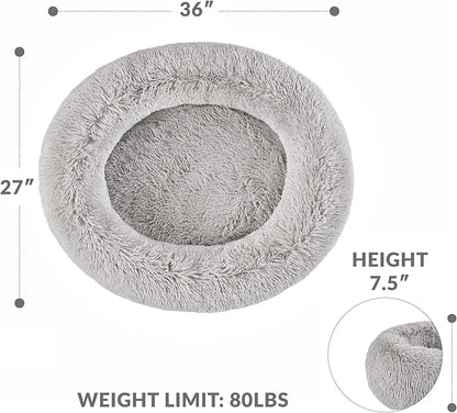 Friends Forever Serena Donut Memory Foam Orthopedic Dog Bed, Soft Faux Fur Oval Cat Couch For Indoor Pet, Fluffy Calming Plush Shag, Round Raised Bolster Cushion, Machine Washable Cuddler, Grey