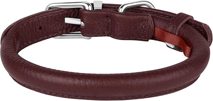 OOPSDOGGY Rolled Leather Dog Collar Soft Roll Collars for Small Medium Large Dogs Puppy (Burgundy, XXS, 7"-9")