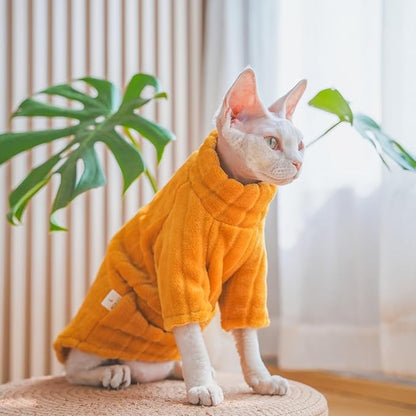 Turtleneck Sweater for Sphynx Cat Soft Coral Fleece Cat Clothes Thick Winter Warm Outfit Coat for Hairless Cats and Small Dogs Apparel with Sleeves (Orange, XL (9-13 lbs))