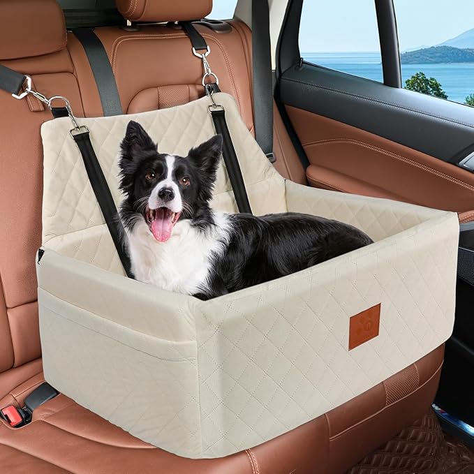 NEEZUKAR Dog Car Seat for Large Medium Dogs,Washable Pet Carseat Under 55 lbs or 2 Small Dogs,Dog Booster Seat Travel Bed with Thick Cushion,2 Safety Leashes