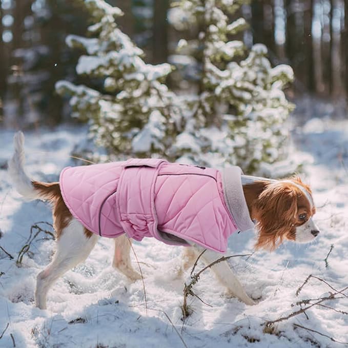 Kuoser Dog Coat Thermal Fleece Lined Dog Jacket, Adjustable Hook & Loop Dogs Coats for Medium Dogs Windproof Reflective Puppy Snow Jackets Pet Cold Weather Clothes with Harness Hole, Pink, M