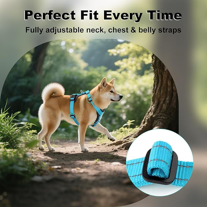 Plutus Pet Adjustable No Pull Dog Harness with Leather Accents, Heavy Duty Reflective Nylon Vest for Training, Hiking, Easy Walk Harness for Small, Medium, Large Dogs (Light Blue, XL)