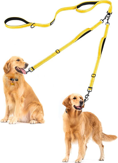 PetBonus Double Dog Leash, No Tangle Dual Leash, Reflective Walking Training Lead, 4 Comfortable Padded Handles for 2 Dogs with Collapsible Bowl and Waste Bags (Yellow, Large)