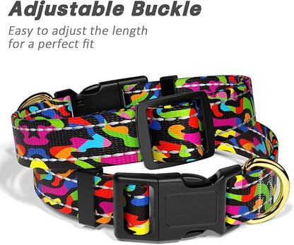 Reflective Dog Collar for Large Dogs, Cute Boho Adjustable Heavy-Duty Nylon Puppy Collar for Boy and Girl Female, Soft Pet Accessories with Quick Release Buckle, Abstract Rainbow Art