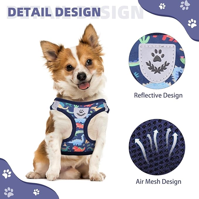 KOOLTAIL Dog Harness and Leash Set for Small Medium Dogs, Step in No Pull Soft Mesh Dog Harness Comfort Padded Pet Vest, Adjustable Reflective Easy Walking Puppy Cats Harness Training, Dinosaur S