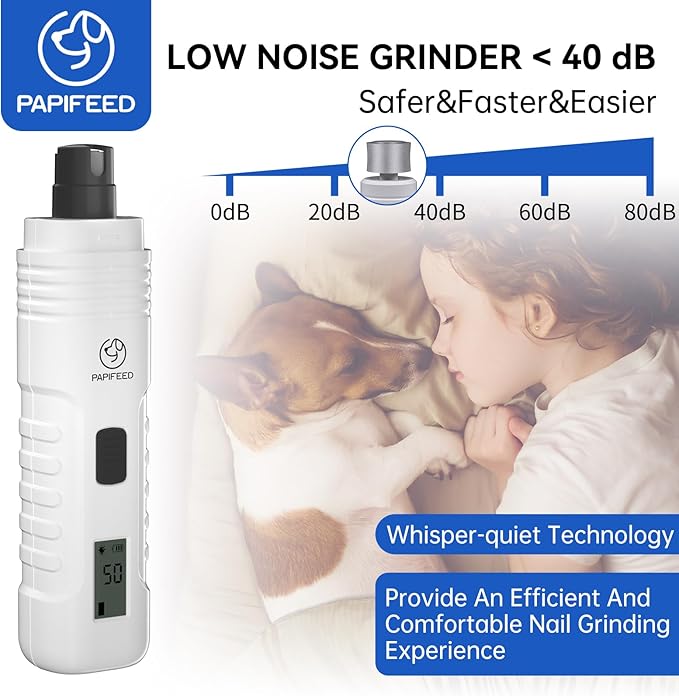 PAPIFFEED Dog Nail Grinder – Quiet Electric Nail Trimmer with Dual LED Light, Safe for Black & Thick Nails, Rechargeable for Small Medium Large Dogs & Cats (White)