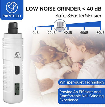 PAPIFFEED Dog Nail Grinder – Quiet Electric Nail Trimmer with Dual LED Light, Safe for Black & Thick Nails, Rechargeable for Small Medium Large Dogs & Cats (White)