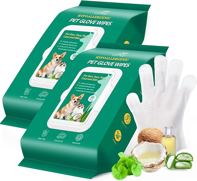 CHPPEY 40PCS Pet Cleaning and Deodorizing Grooming Glove Wipes for Dogs and Cats, Extra Thick Nourish Fur No-Rinse Grooming Wipes for Daily Care and Travel, Hypoallergenic