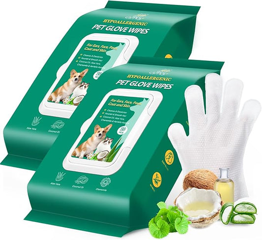 CHPPEY 40PCS Pet Cleaning and Deodorizing Grooming Glove Wipes for Dogs and Cats, Extra Thick Nourish Fur No-Rinse Grooming Wipes for Daily Care and Travel, Hypoallergenic