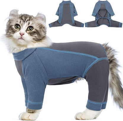 SUNFURA Hair Sticky Cat Clothes, Cat Sweater for Cats Only, 4-Legged Fleece Sweaters Kitten Pajamas Reduce Shedding Fur, Warm Pullover Shirts for Cats, Blue XL