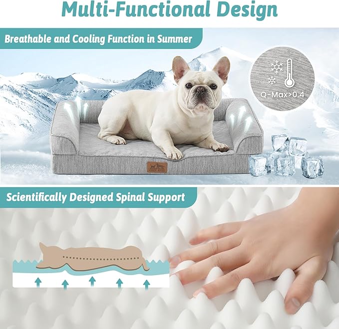 COZY KISS Cooling Dog Bed, Orthopedic Foam Dog Bed with Sides, Removable Cover & Waterproof Lining and Nonskid Bottom, Comfortable Pet Beds for Medium Dogs, Grey (36" L x 27" W x 6.5" Th)