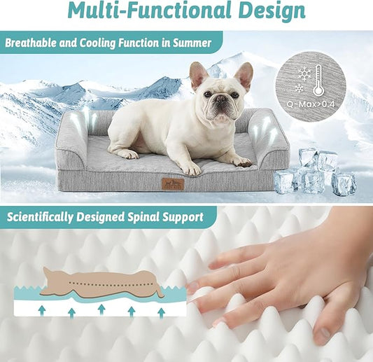 COZY KISS Cooling Dog Bed, Orthopedic Foam Dog Bed with Sides, Removable Cover & Waterproof Lining and Nonskid Bottom, Comfortable Pet Beds for Medium Dogs, Grey (36" L x 27" W x 6.5" Th)