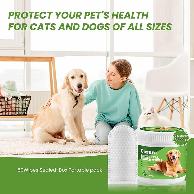 Dog Teeth Cleaning Wipes, Finger Dental Care Wipes for Dogs & Cats | Gentle Dog Tooth Brushing Kit Alternative, Helps Reduce Plaque & Tartar, Fresh Breath | 60 Count, Unflavored