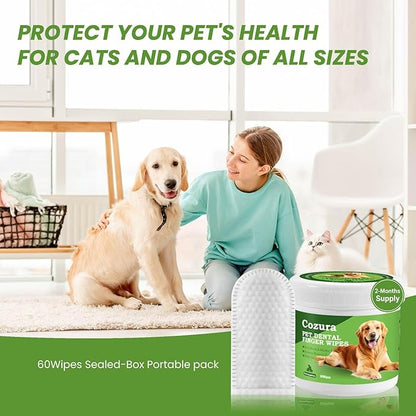 Dog Teeth Cleaning Wipes, Finger Dental Care Wipes for Dogs & Cats | Gentle Dog Tooth Brushing Kit Alternative, Helps Reduce Plaque & Tartar, Fresh Breath | 60 Count, Unflavored