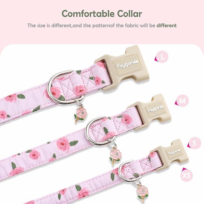 Faygarsle Pink Floral Dog Collar with Roses Pattern, Spring Summer Design for Small Medium Large Dogs S