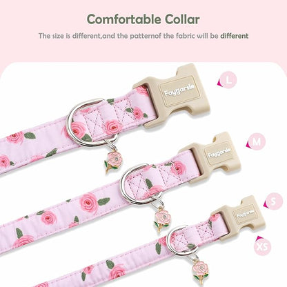 Faygarsle Pink Floral Dog Collar with Roses Pattern, Spring Summer Design for Small Medium Large Dogs L