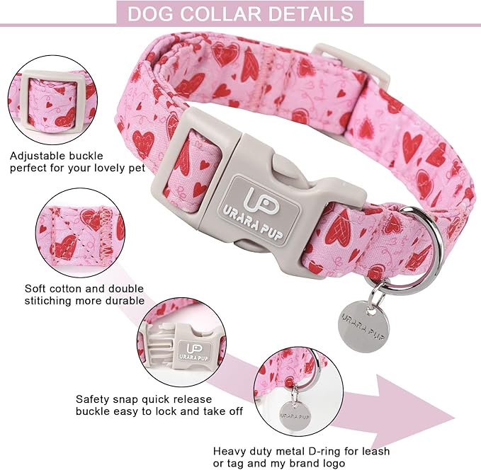 UP URARA PUP Valentine’s Day Dog Collar, Pink Heart Dog Collar with Quick Release, Valentine’s Day Gift Pet Collar for Puppy Girl Boy Dogs, Wedding Dog Collar