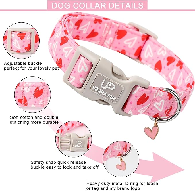 Valentine’s Dog Collar, Pink Heart Dog Collar with Quick Release, Valentine’s Gift Pet Girl Boy Dog Collar for Puppy Small Medium Dogs, Wedding Dog Collar