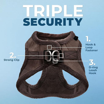 Best Pet Supplies - All Weather Plush, Reflective, No Pull Harness for Small, Medium Dogs, Cats - Secure with Hook & Loop Fastener, Buckle, Double D-Rings - Chocolate Suede, L