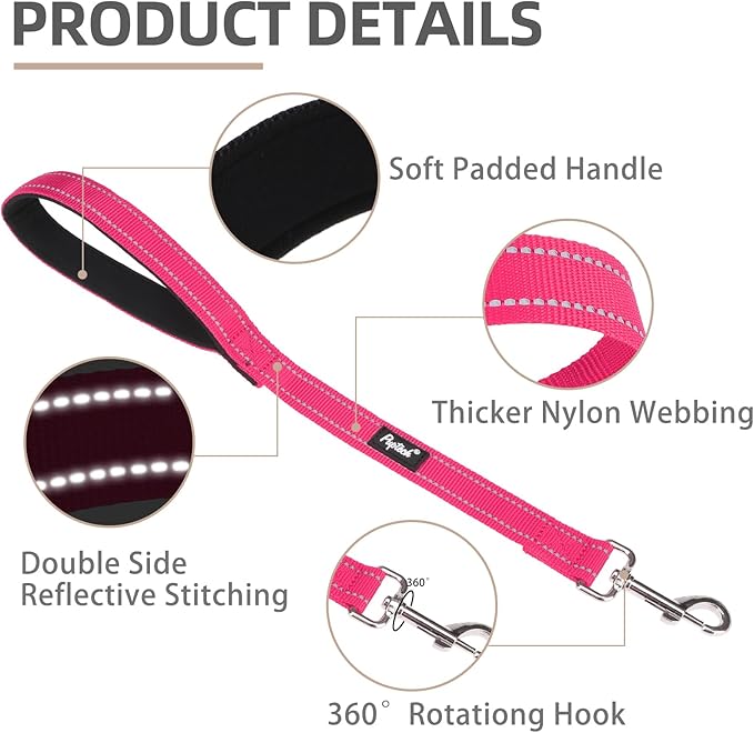 PUPTECK Reflective Short Dog Leashes - 3 Packs 2.5ft/ 1.5ft/ 1ft Nylon Leash with Strong Clip, Soft Padded Handle, Durable Training Leash for Large Small Medium Dogs Walking Outside, Fuchsia