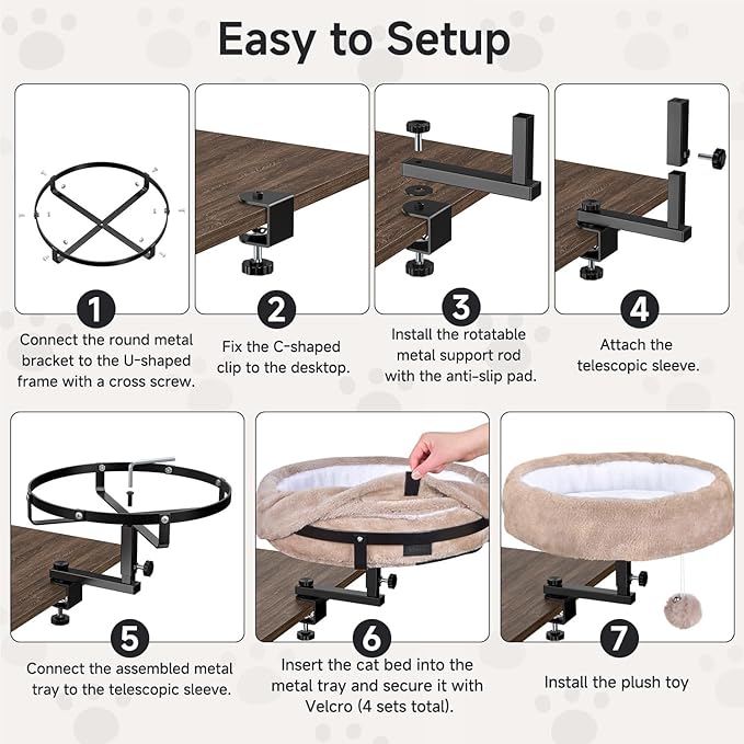 Chumajor Cat Desk Bed - 360° Rotating & Adjustable, Supports 44 lbs, Soft Faux Fur with Dual-Sided Reversible Mat, Modern Indoor Cat Nest Furniture for Office Desks and Game Tables, Island Table