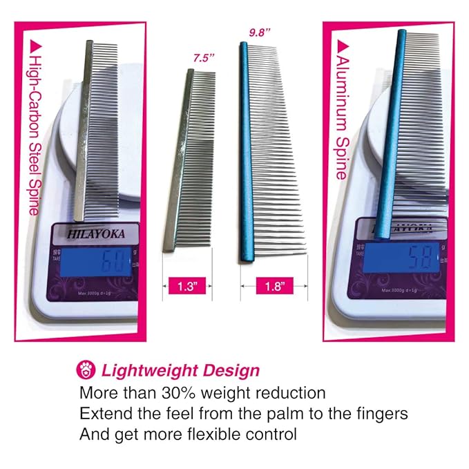 Claw Claws Greyhound Oval Grooming Comb – Aluminum handle, Stainless Steel Teeth Comb for Long-Haired Dogs & Cats, Removes Mats, Tangles, and Loose Fur – Lightweight for Deshedding (Silver/Blue, 9.8")