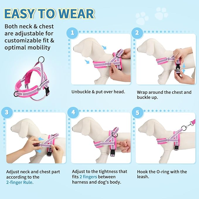 Lukovee No Pull Dog Harness and Leash Set, Soft Padded Small Dog Harness, Neck & Chest Adjustable Reflective Vest Puppy Harness with 4ft Lightweight Anti-Twist Dog Leash for Small Dogs (S, Fuschia)